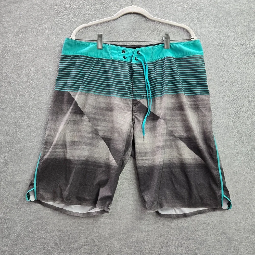 Fox‎ Men Swimwear 36 Gray Striped Knit H2O Board Shorts Polyester Elastane Logo